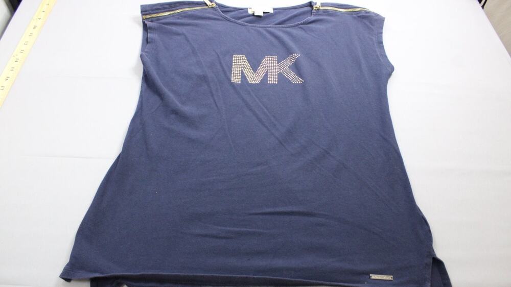Michael Kors MK Womens Rhinestone Logo Sleeveless Top L Blue Tunic Side Slit